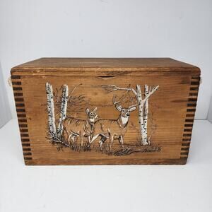 Antique Vintage Wood Deer Hand Painted Box With Rope Handles